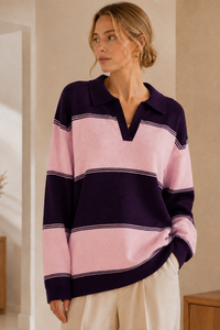 Striped Polo Collar Knitted Jumper: Brown