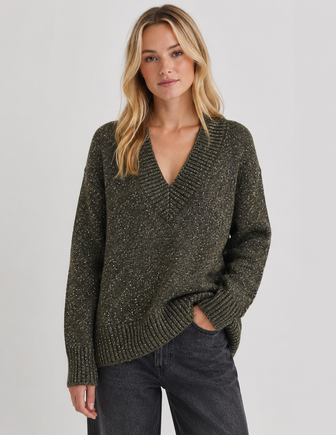 Sparkle V-Neck Knit Jumper: Gray