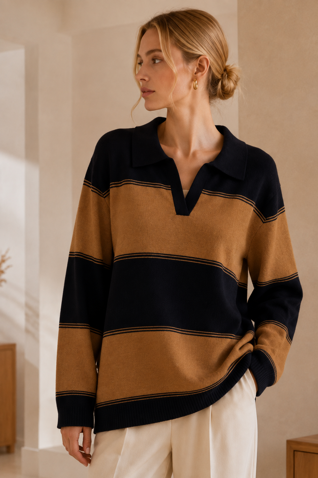 Striped Polo Collar Knitted Jumper: Brown