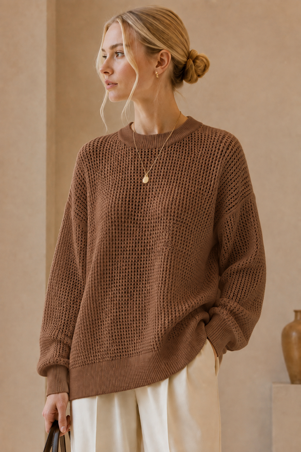 Open Knit Relaxed Jumper: White