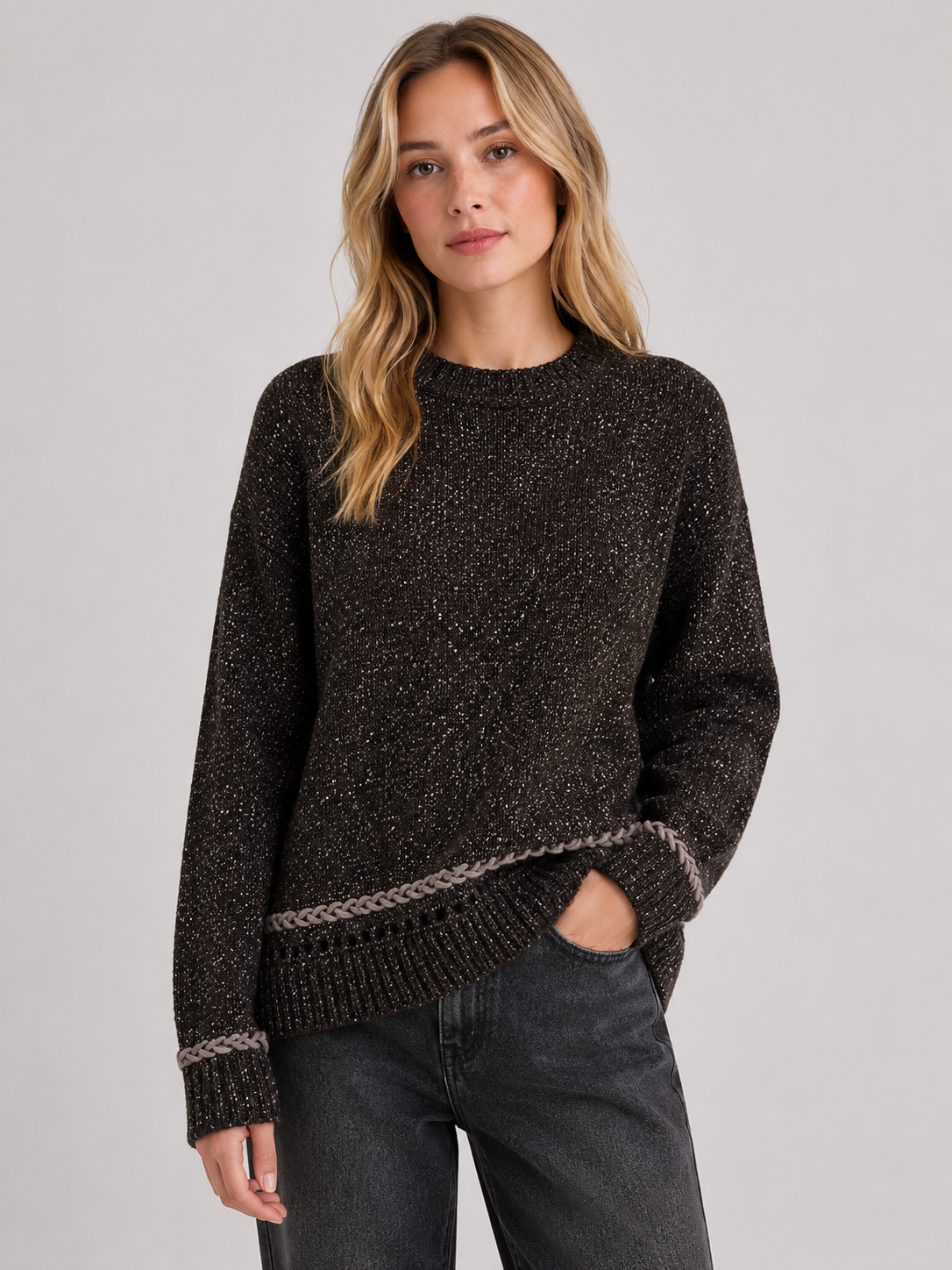 Sparkle Knit Jumper with Contrast Braided Trim: Black
