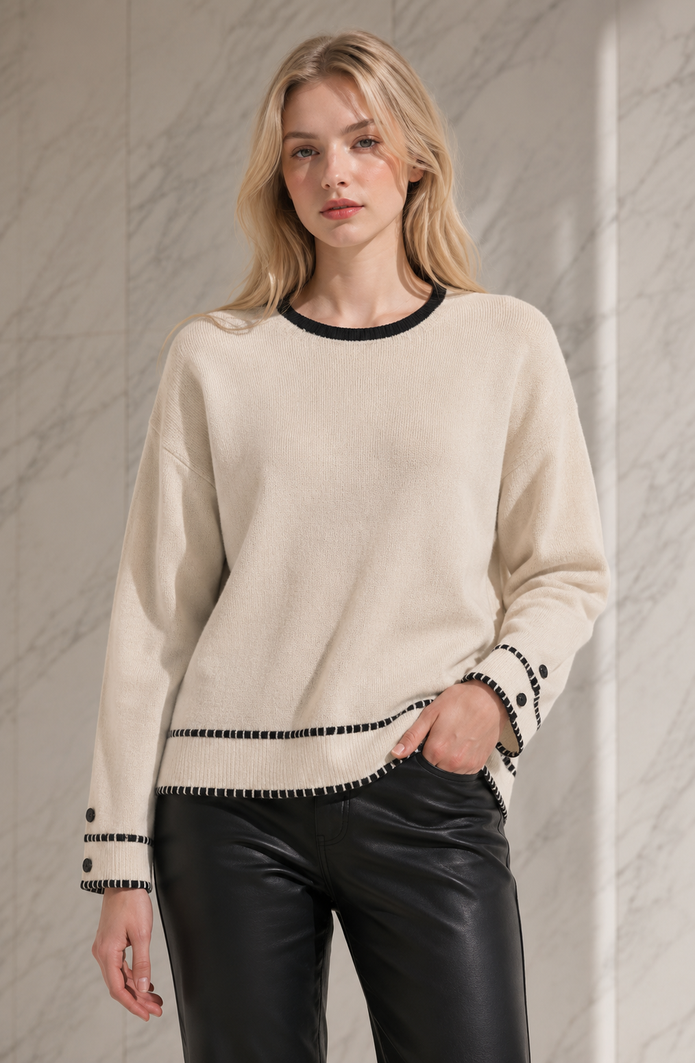 Contrast Stitch Button Cuff Knitted Jumper: Black