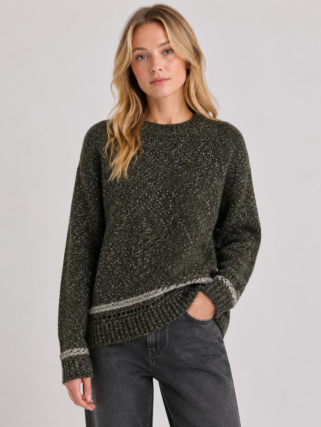 Sparkle Knit Jumper with Contrast Braided Trim: Gray