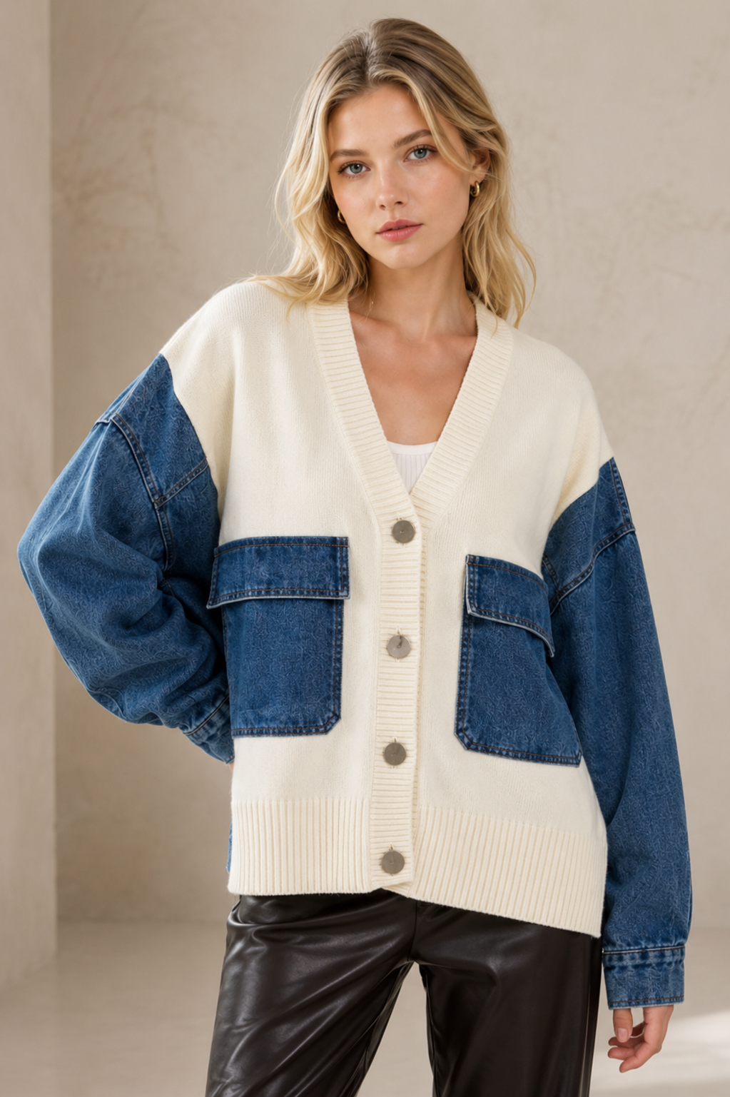 Denim Sleeve & Pocket Knitted Cardigan: Blue