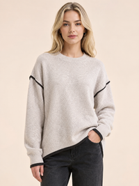 Contrast Trim Relaxed Knit Jumper: Brown