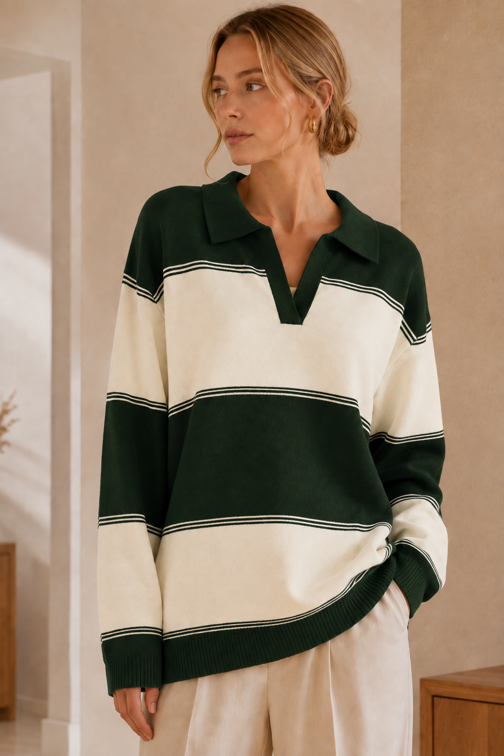 Striped Polo Collar Knitted Jumper: Brown