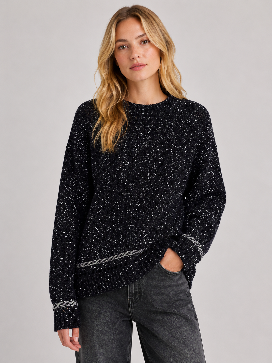 Sparkle Knit Jumper with Contrast Braided Trim: Gray