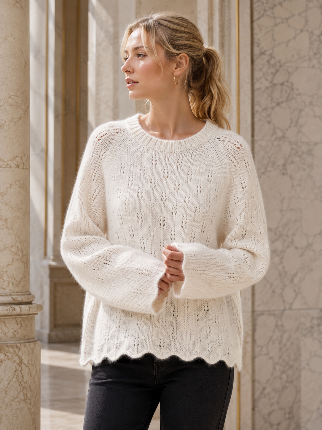 Pointelle Openwork Knitted Jumper: White