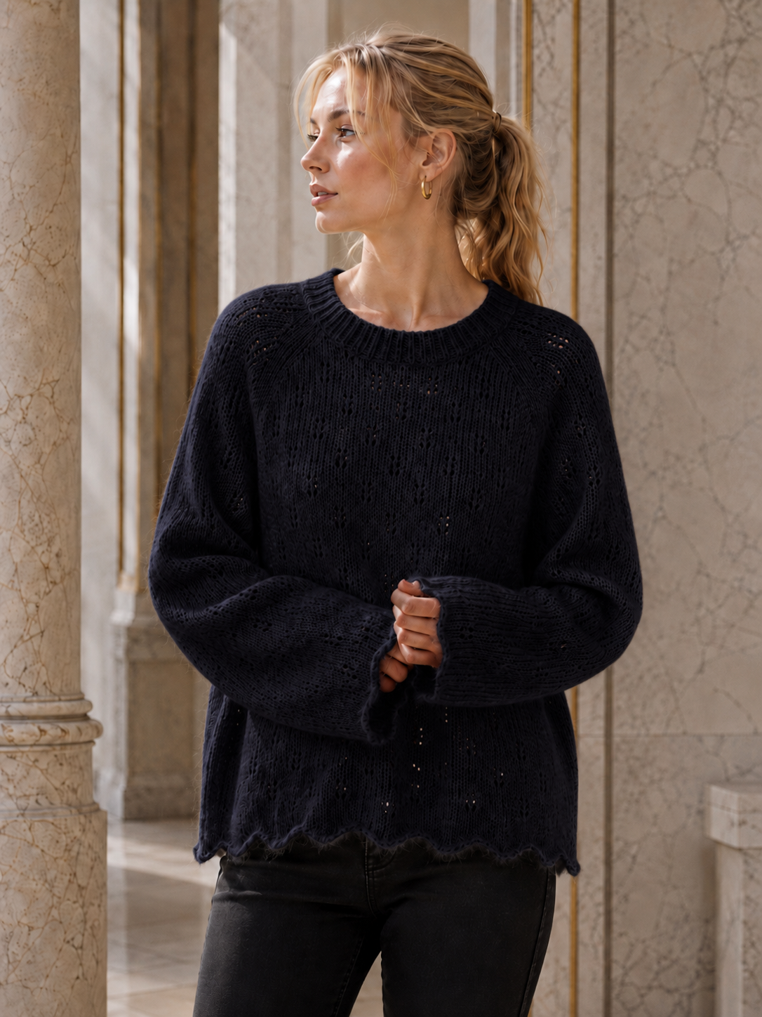 Pointelle Openwork Knitted Jumper: White