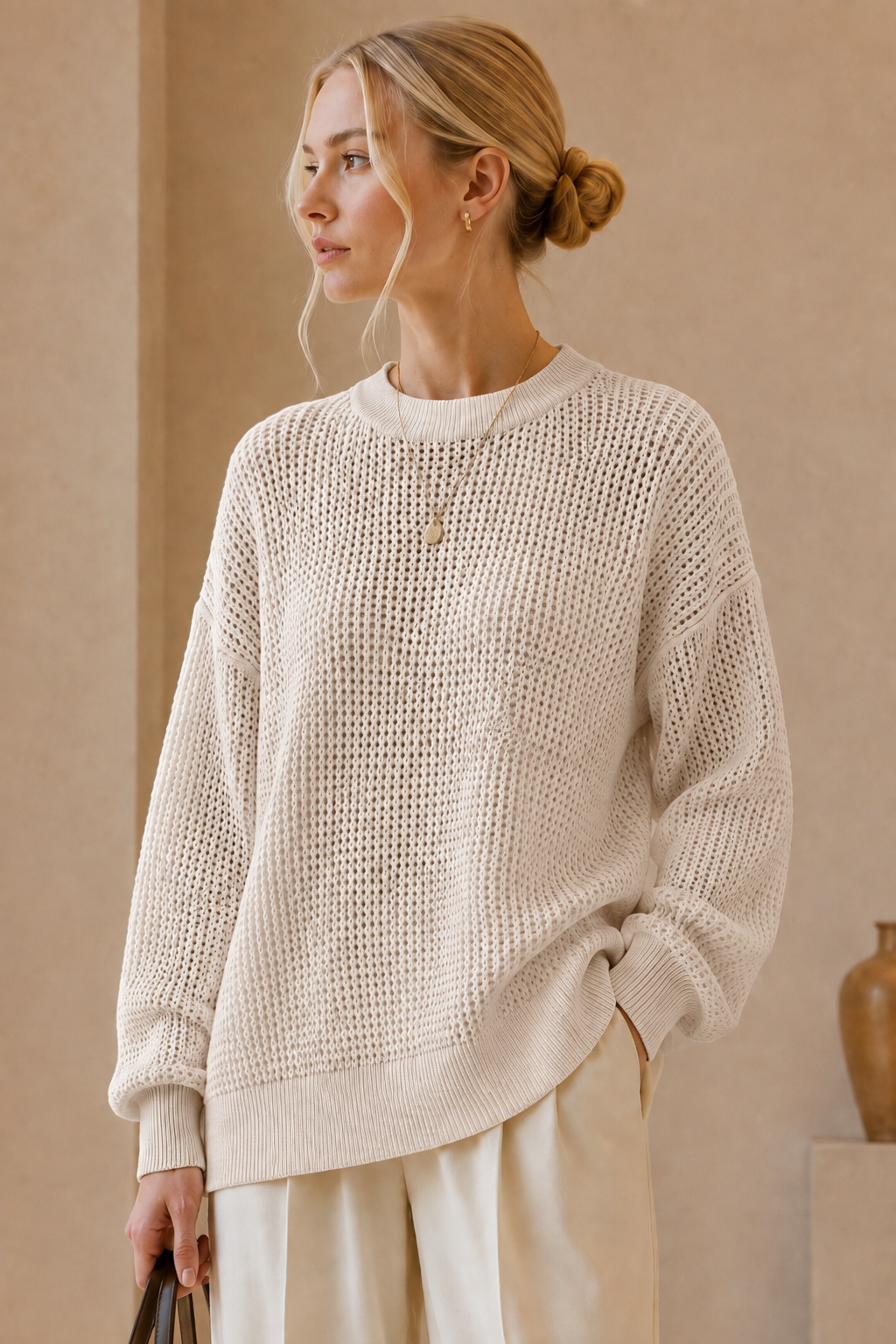 Open Knit Relaxed Jumper: White