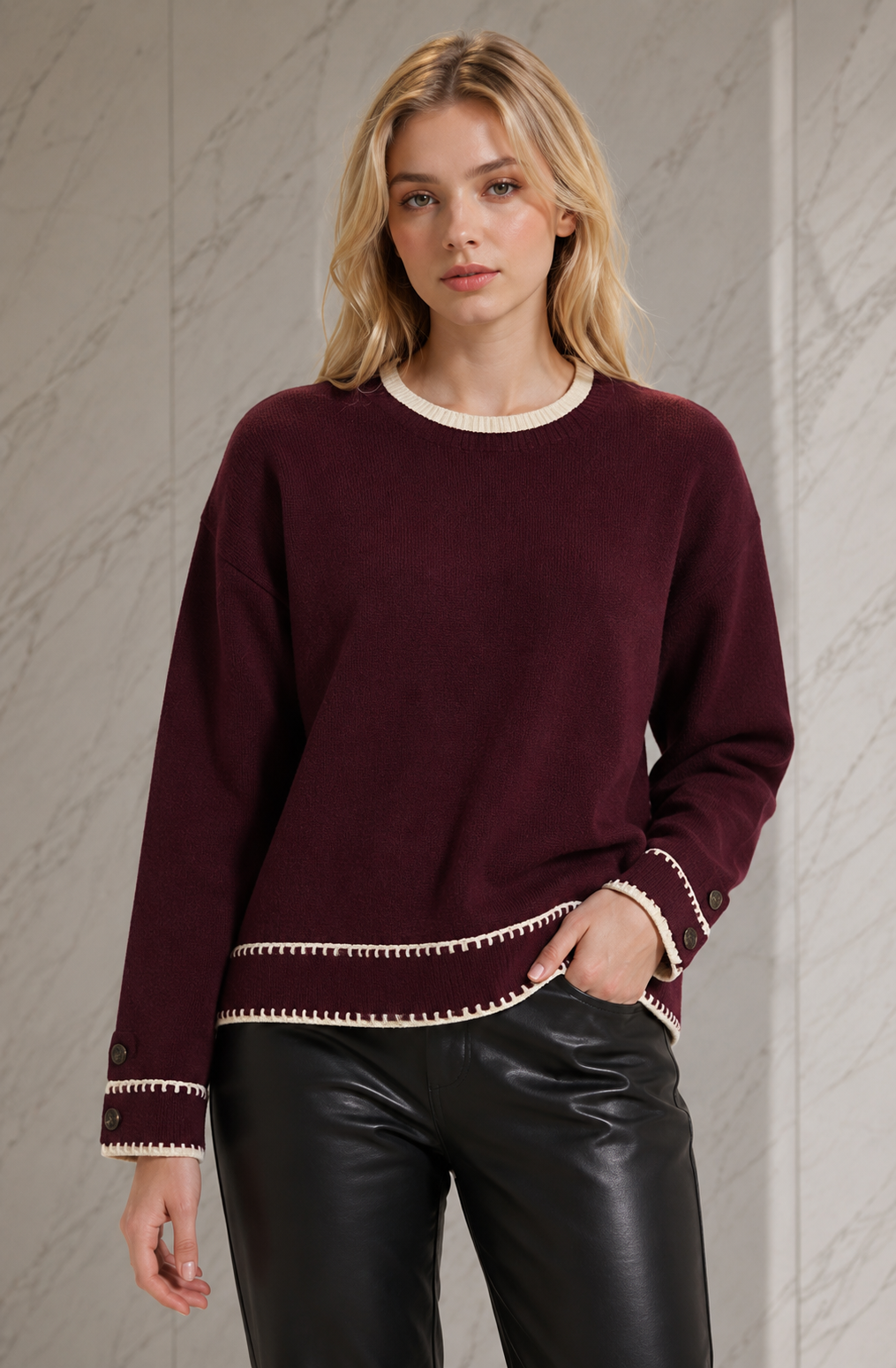 Contrast Stitch Button Cuff Knitted Jumper: Black