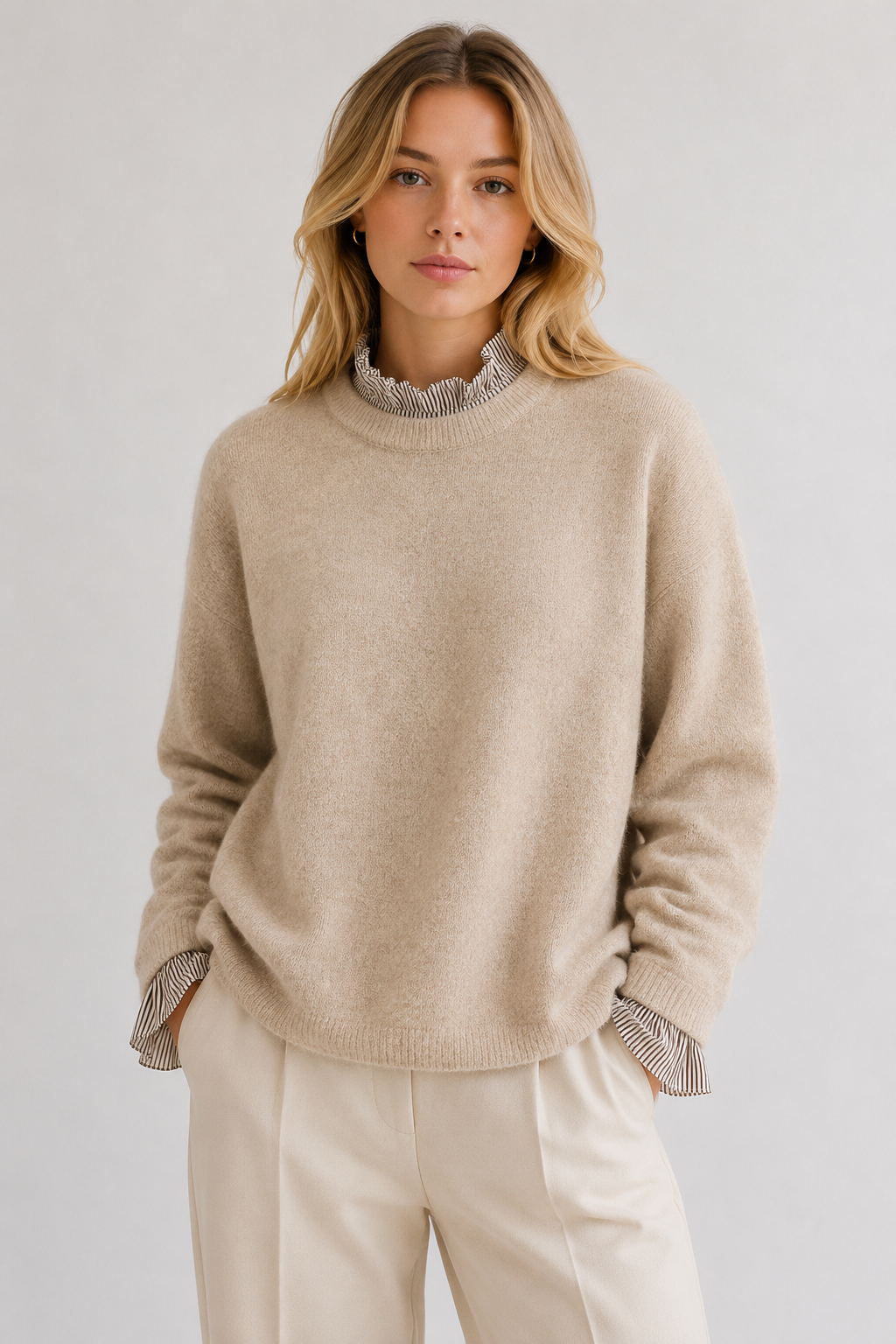 Layered-Look Frill Trim Knitted Jumper: White
