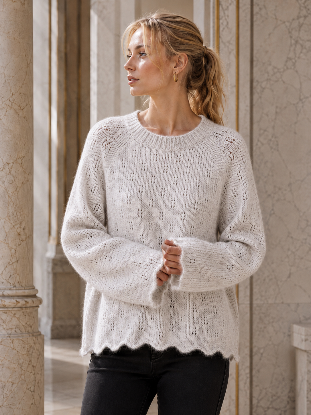 Pointelle Openwork Knitted Jumper: White