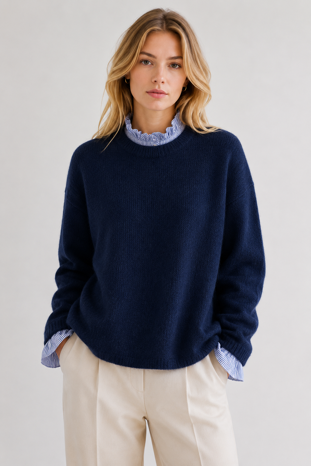 Layered-Look Frill Trim Knitted Jumper: White