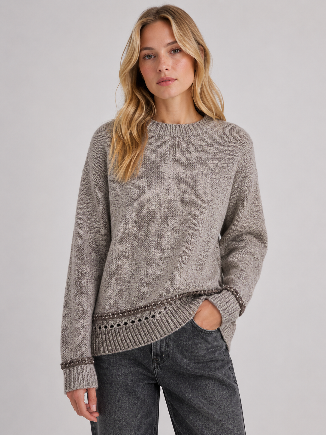 Sparkle Knit Jumper with Contrast Braided Trim: Black
