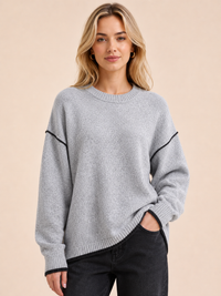 Contrast Trim Relaxed Knit Jumper: Brown