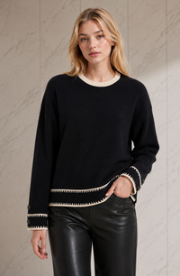Contrast Stitch Button Cuff Knitted Jumper: Black