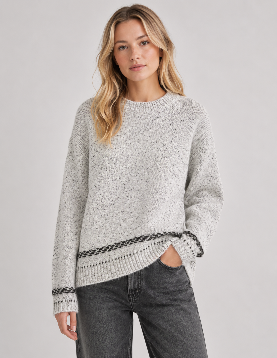 Sparkle Knit Jumper with Contrast Braided Trim: Black