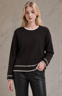 Contrast Stitch Button Cuff Knitted Jumper: Black