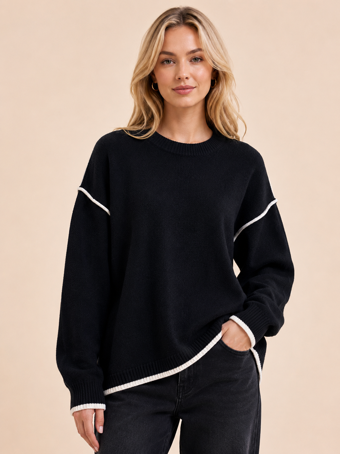 Contrast Trim Relaxed Knit Jumper: Black