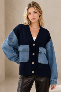 Denim Sleeve & Pocket Knitted Cardigan: Blue