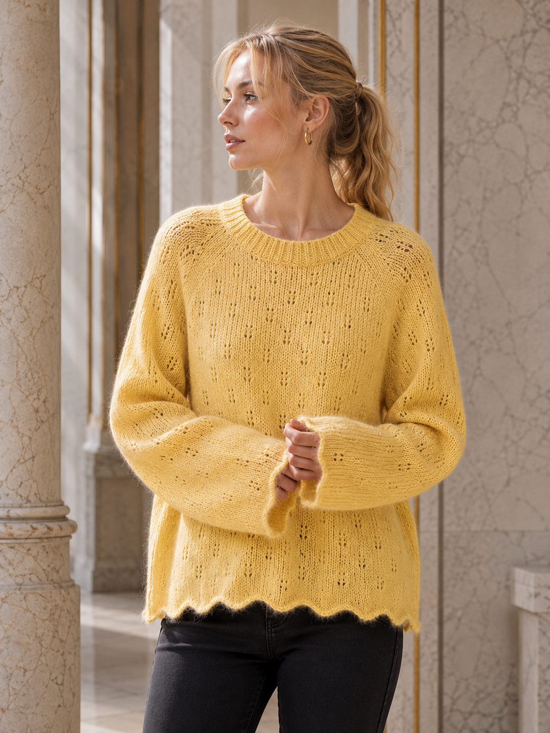 Pointelle Openwork Knitted Jumper: White